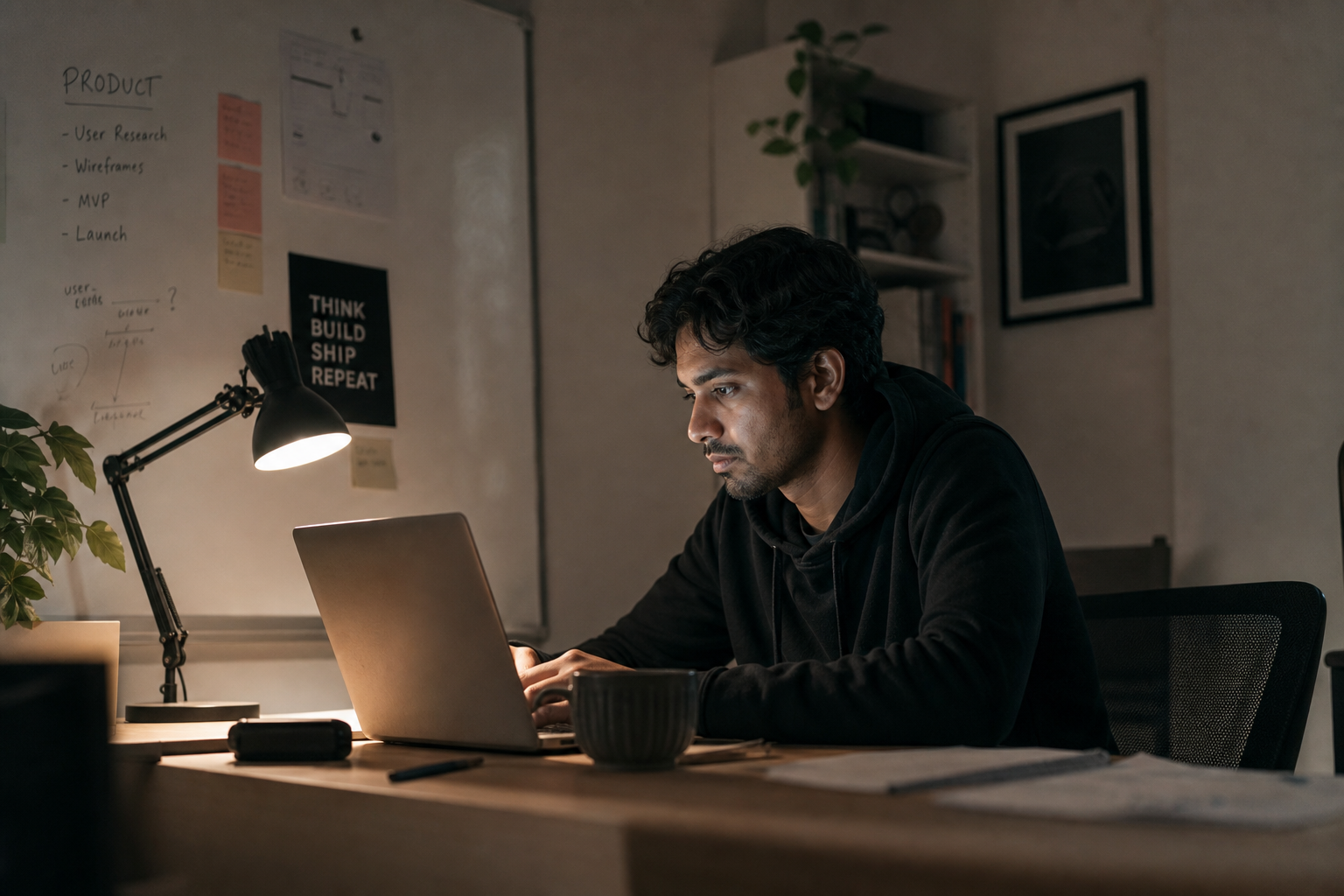 A founder working alone late at night by lamplight