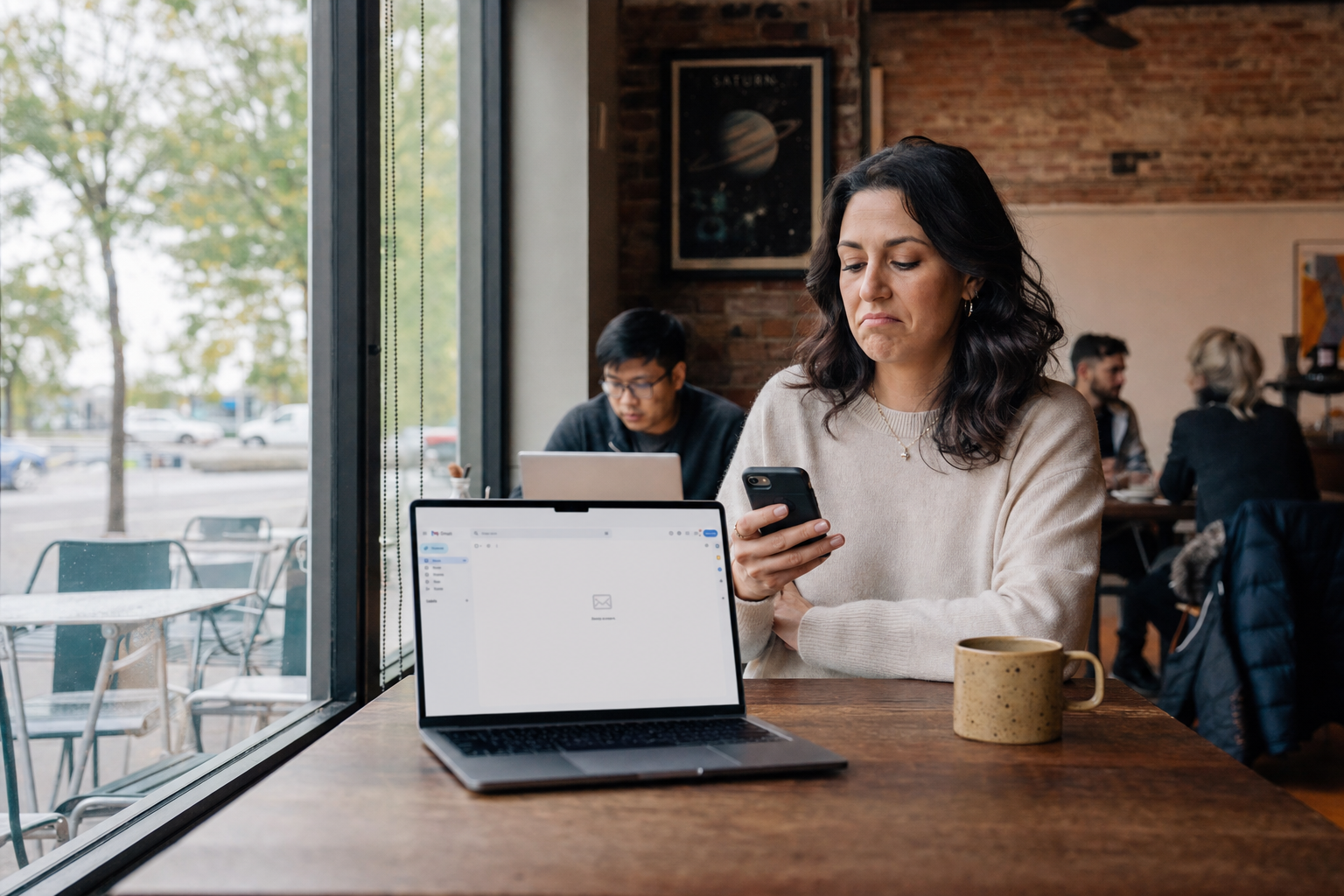 A founder in a cafe checking an empty inbox